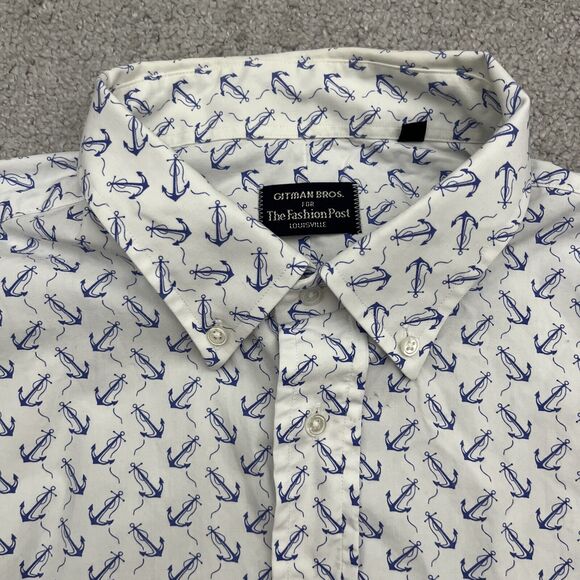 Gitman Bros Button Down Shirt Mens 18.5 35 Nautical Anchor Print Boat Ocean - Picture 2 of 15